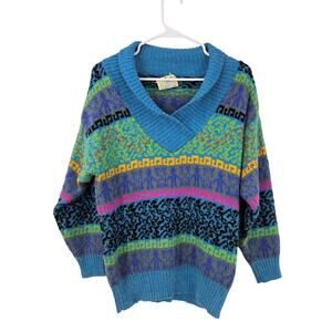 Vintage 80s Womens Ski Road Shop Sweater Blue Fair Isle Knit Pullover Size S